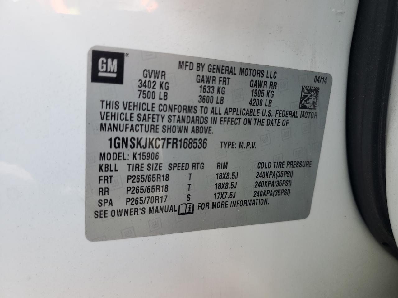 2015 Chevrolet Suburban K1500 Lt VIN: 1GNSKJKC7FR168536 Lot: 62067425