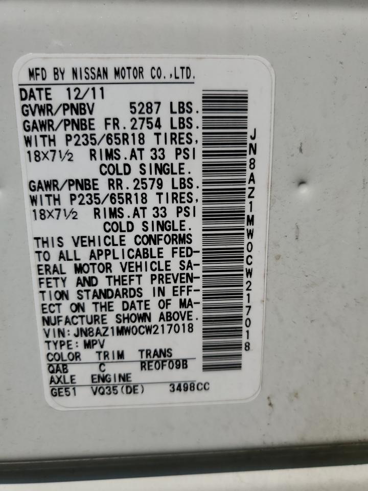 2012 Nissan Murano S VIN: JN8AZ1MW0CW217018 Lot: 65278085