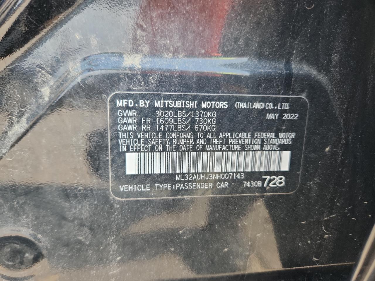 2022 Mitsubishi Mirage Es VIN: ML32AUHJ3NH007143 Lot: 66089295