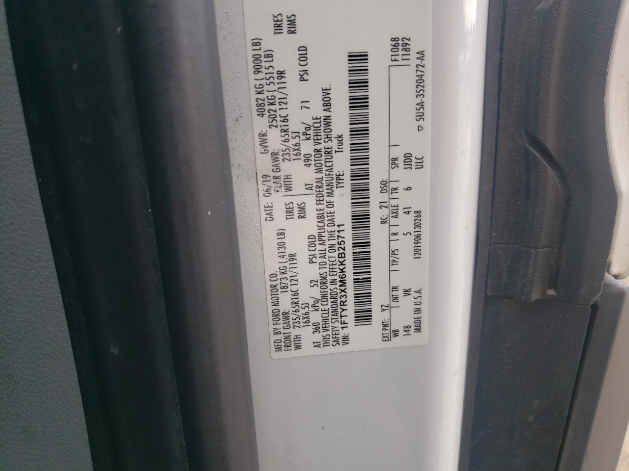 2019 Ford Transit T-250 VIN: 1FTYR3XM6KKB25711 Lot: 60925855