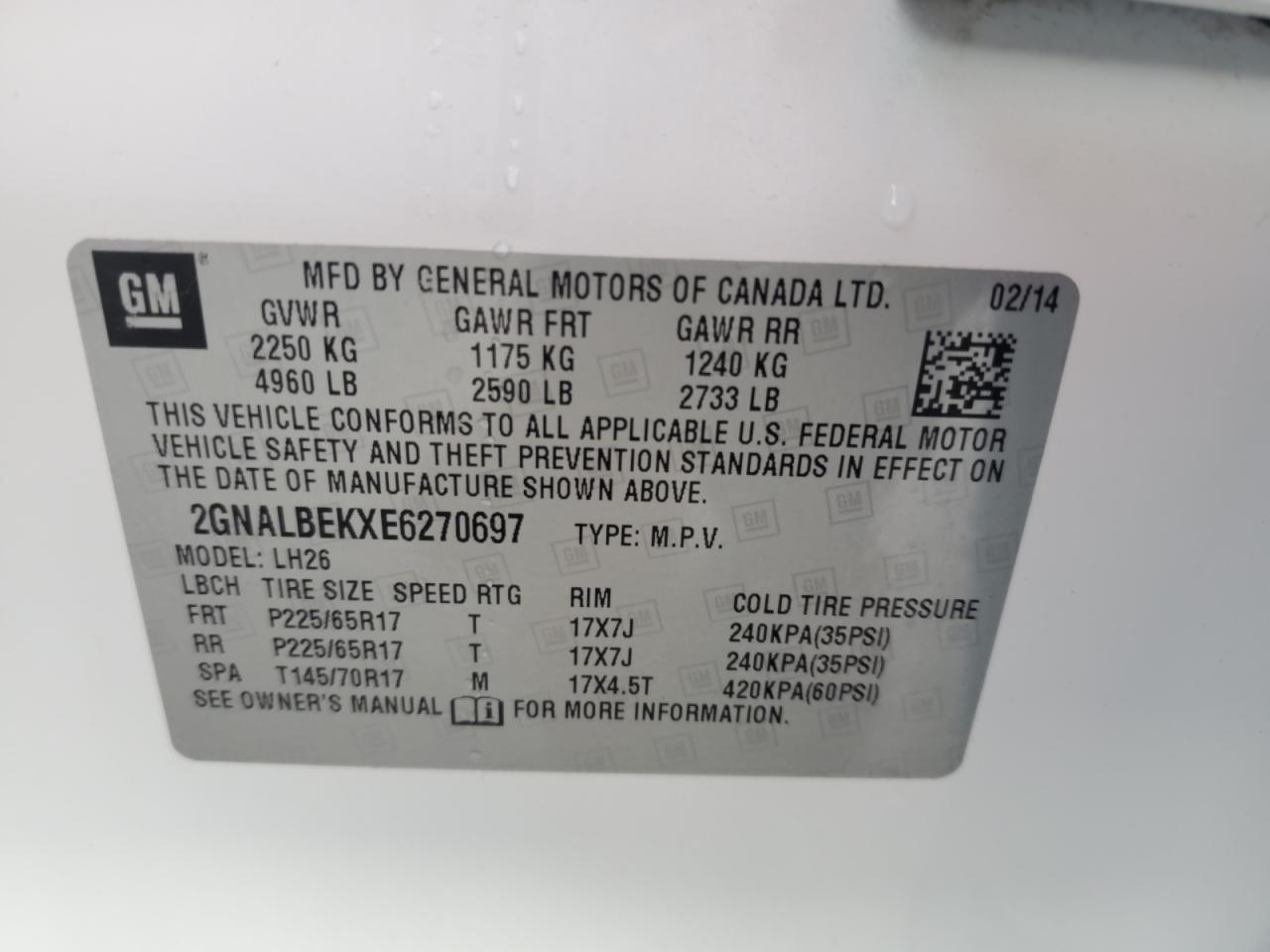 2014 Chevrolet Equinox Lt VIN: 2GNALBEKXE6270697 Lot: 63517455