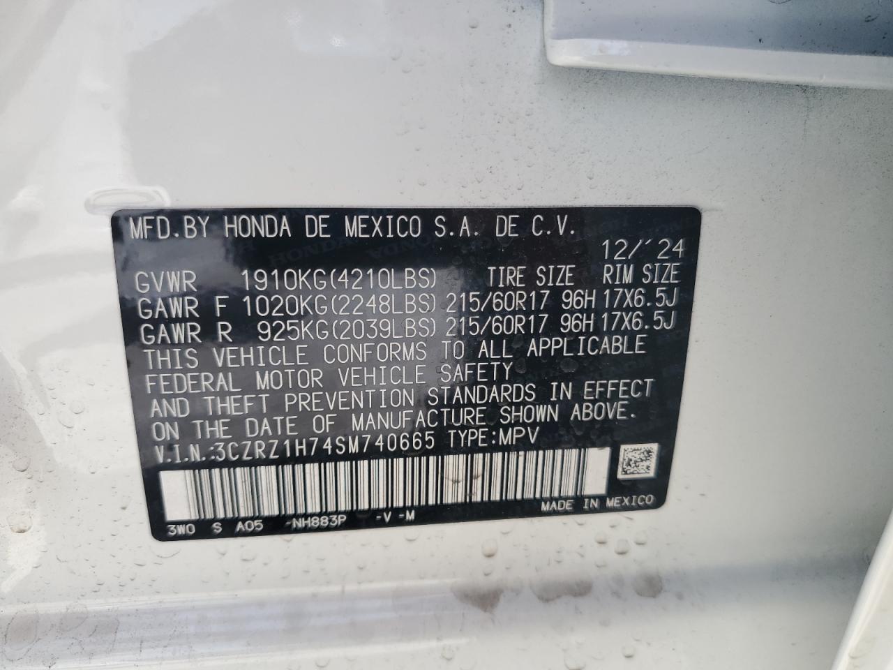 2025 Honda Hr-V Exl VIN: 3CZRZ1H74SM740665 Lot: 64315775