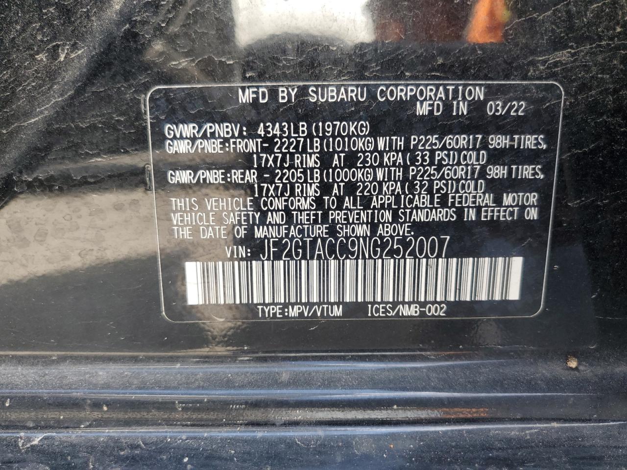 2022 Subaru Crosstrek Premium VIN: JF2GTACC9NG252007 Lot: 64453225
