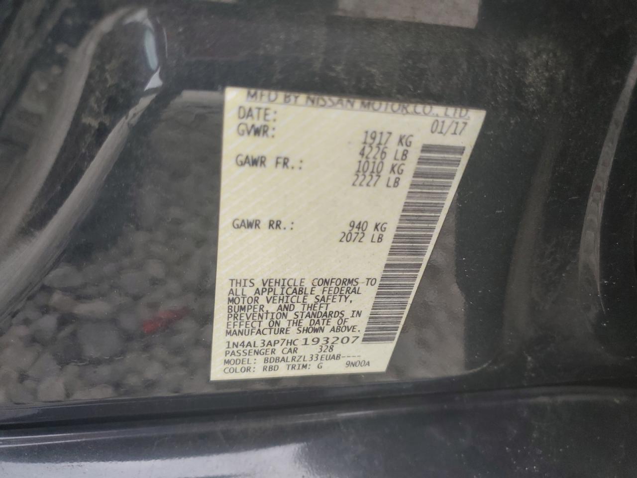 2017 Nissan Altima 2.5 VIN: 1N4AL3AP7HC193207 Lot: 63086225