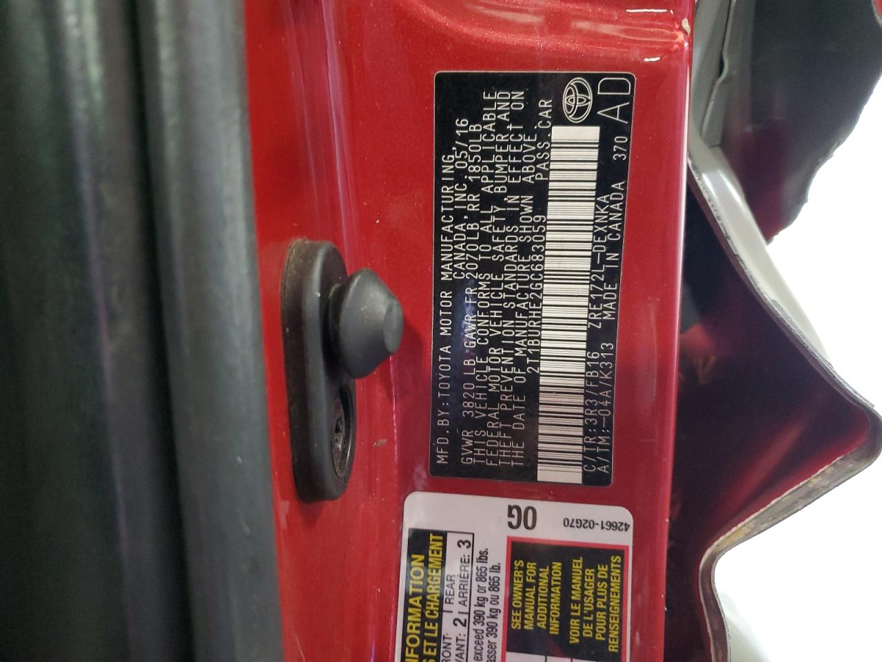 2016 Toyota Corolla L VIN: 2T1BURHE2GC683059 Lot: 63826655