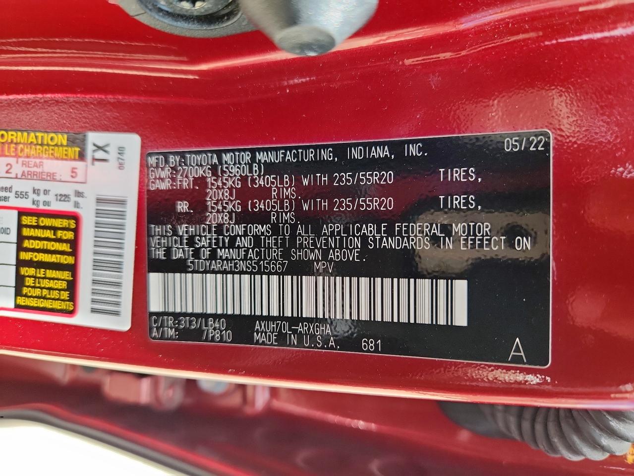 2022 Toyota Highlander Hybrid Limited VIN: 5TDYARAH3NS515667 Lot: 63054355