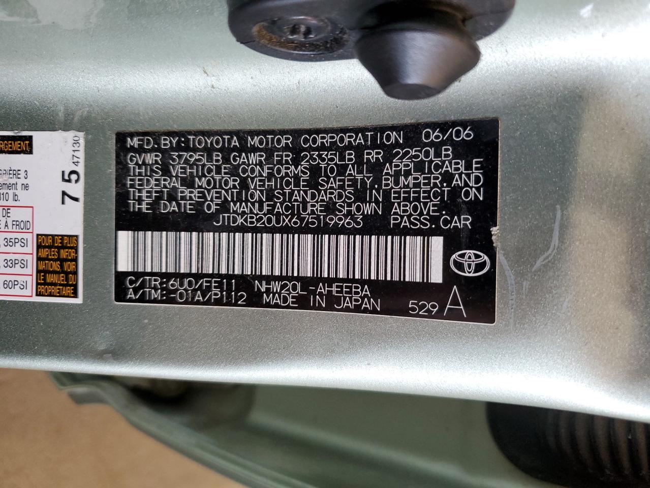 2006 Toyota Prius VIN: JTDKB20UX67519963 Lot: 66646075