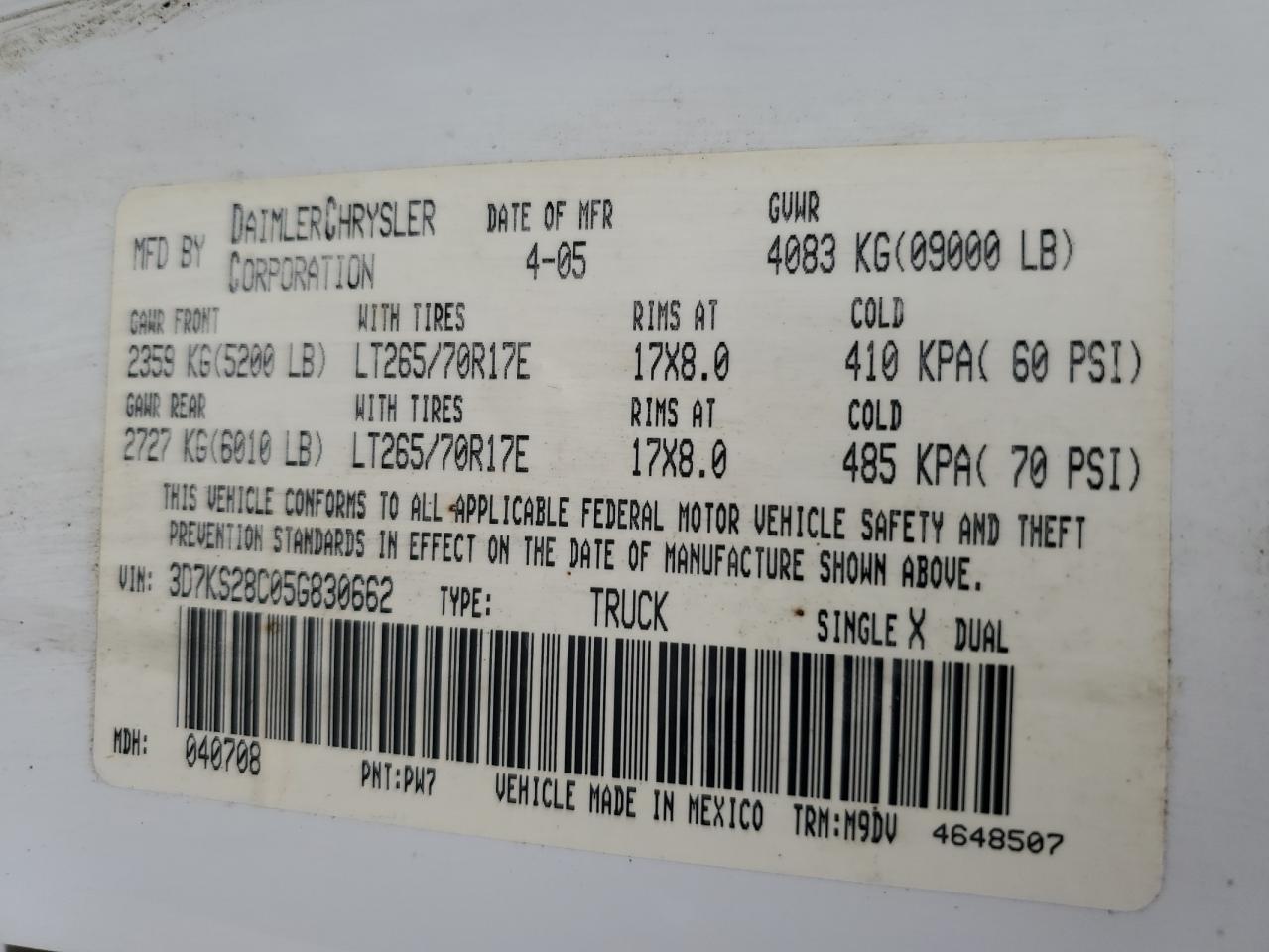 2005 Dodge Ram 2500 St VIN: 3D7KS28C05G830662 Lot: 64564285
