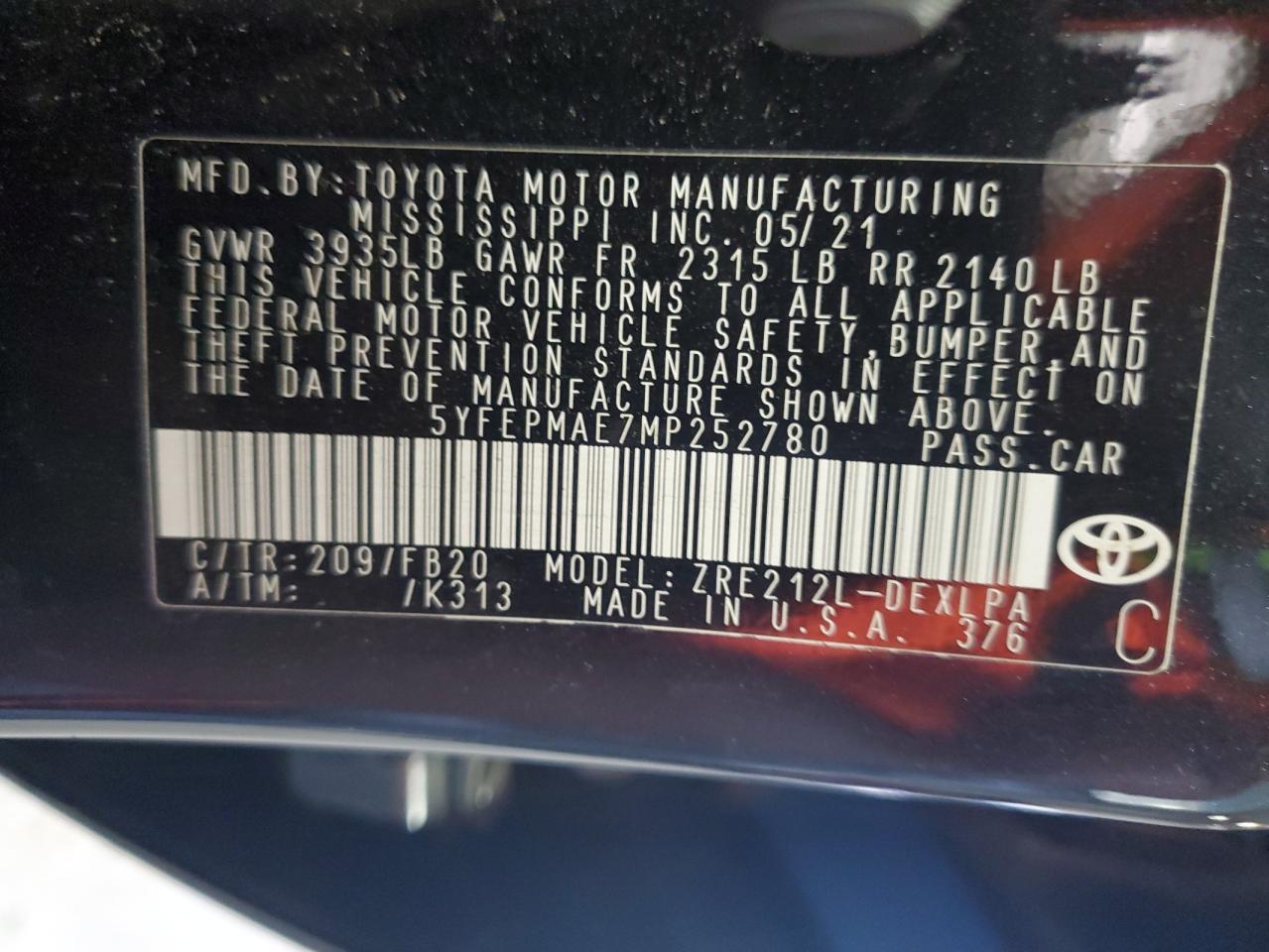 2021 Toyota Corolla Le VIN: 5YFEPMAE7MP252780 Lot: 65326505