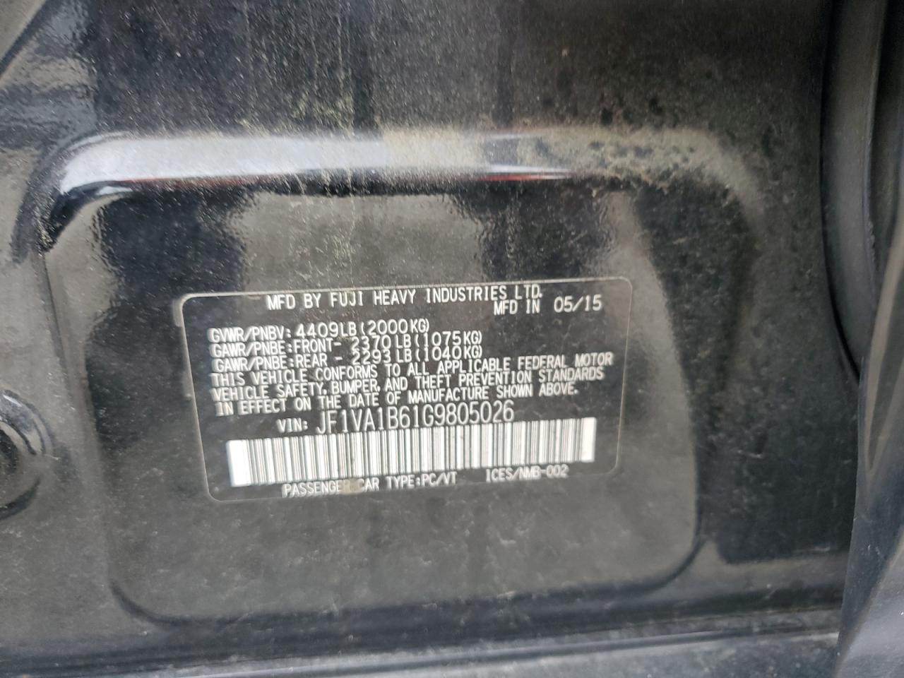 2016 Subaru Wrx VIN: JF1VA1B61G9805026 Lot: 63047475