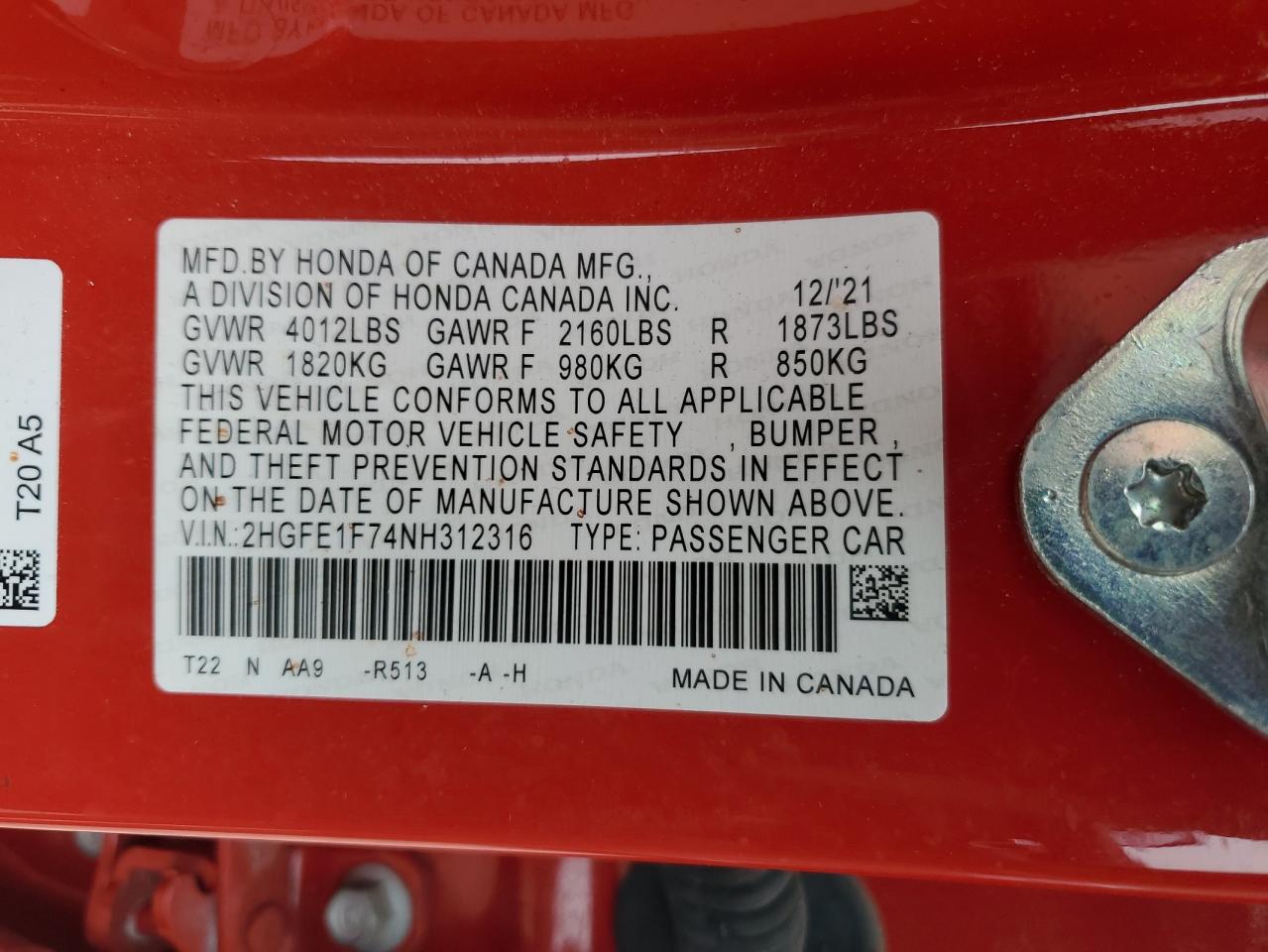 2022 Honda Civic Ex VIN: 2HGFE1F74NH312316 Lot: 65569165