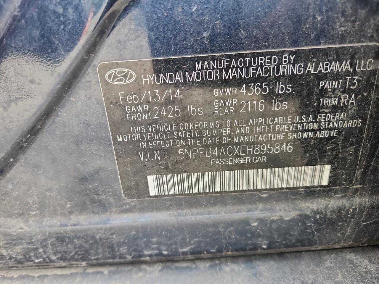 2014 Hyundai Sonata Gls VIN: 5NPEB4ACXEH895846 Lot: 64983785