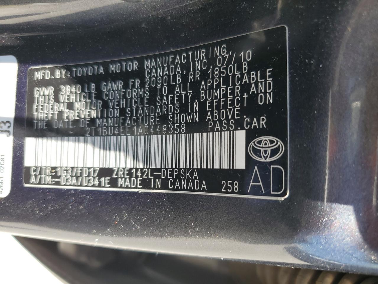 2010 Toyota Corolla Base VIN: 2T1BU4EE1AC448358 Lot: 56536105