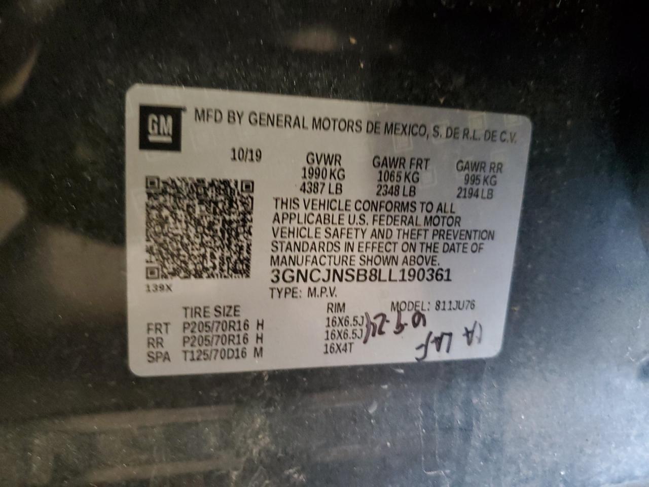 2020 Chevrolet Trax Ls VIN: 3GNCJNSB8LL190361 Lot: 64988875