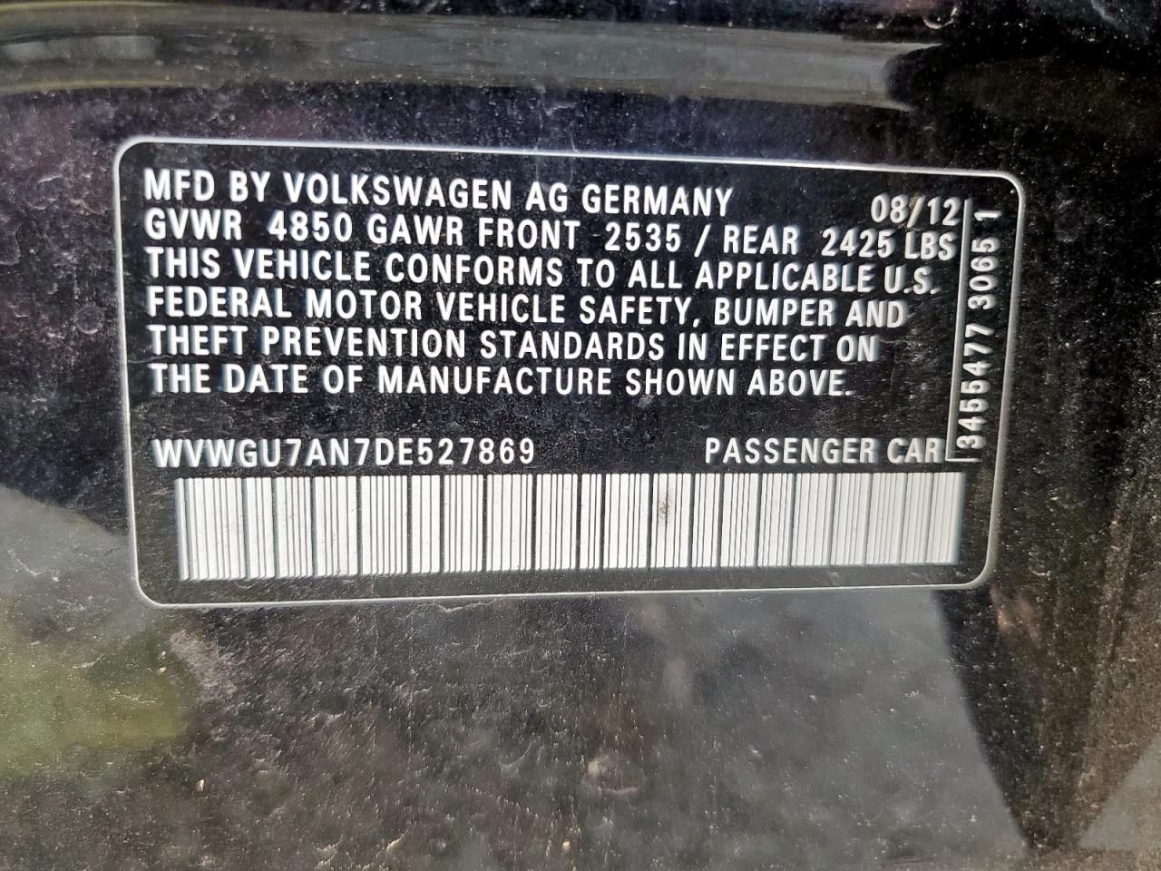 2013 Volkswagen Cc Vr6 4Motion VIN: WVWGU7AN7DE527869 Lot: 63373925