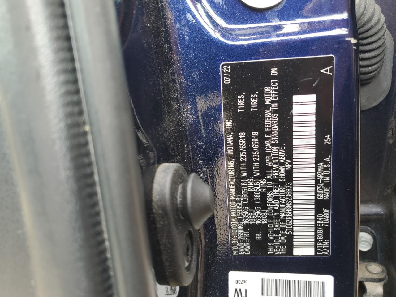 2022 Toyota Highlander Xle VIN: 5TDGZRBH8NS236833 Lot: 67071595