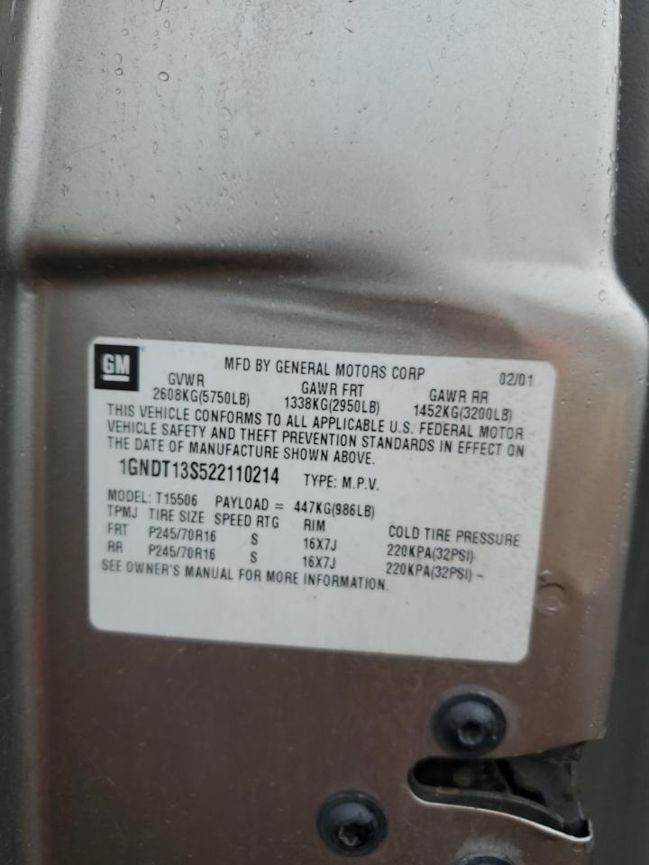 2002 Chevrolet Trailblazer VIN: 1GNDT13S522110214 Lot: 63690615