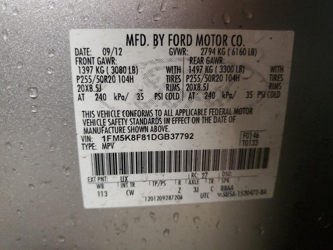 2013 Ford Explorer Limited VIN: 1FM5K8F81DGB37792 Lot: 63190515