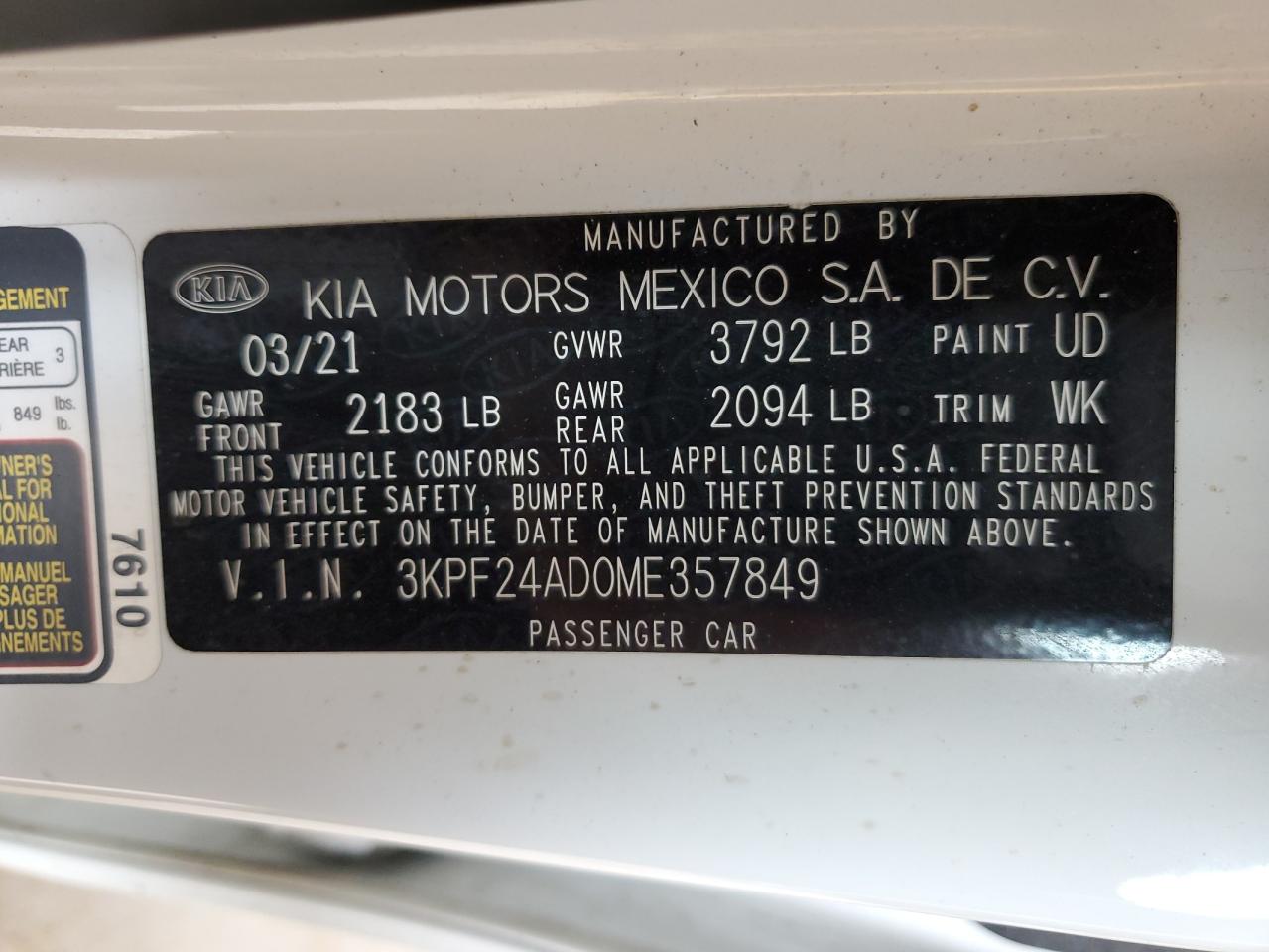2021 Kia Forte Fe VIN: 3KPF24AD0ME357849 Lot: 65250125