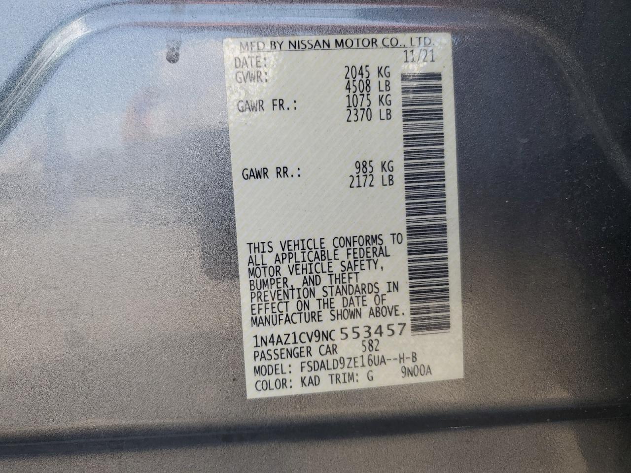 2022 Nissan Leaf Sv VIN: 1N4AZ1CV9NC553457 Lot: 64171925