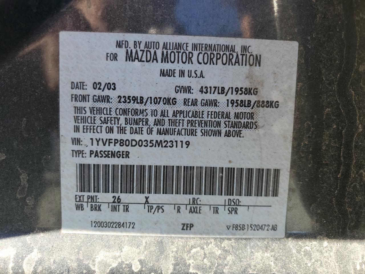 2003 Mazda 6 S VIN: 1YVFP80D035M23119 Lot: 66730475