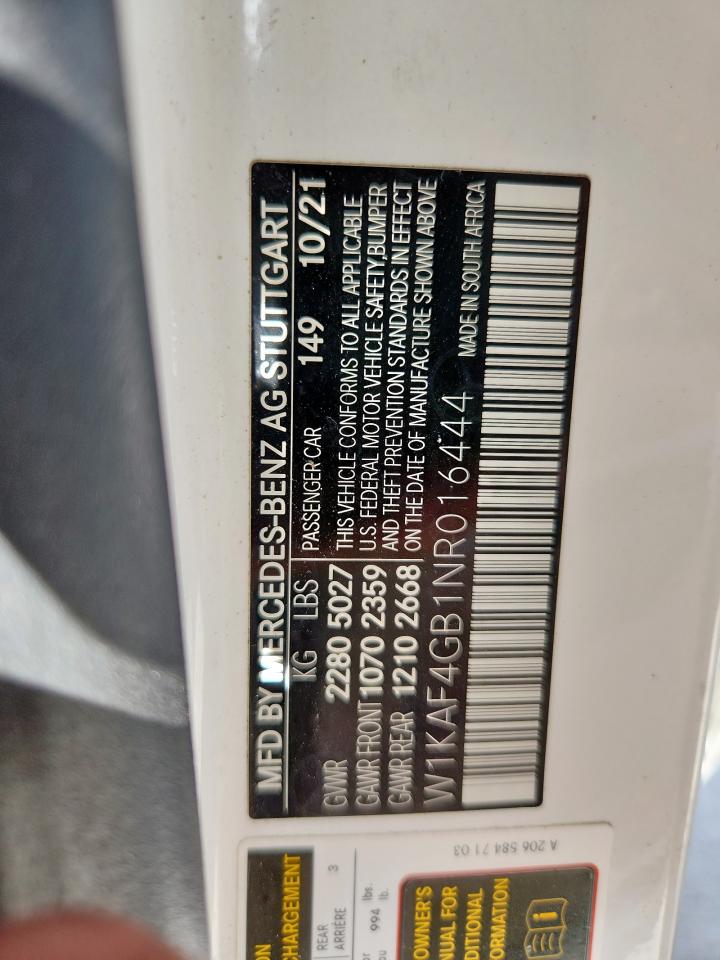 2022 Mercedes-Benz C 300 VIN: W1KAF4GB1NR016444 Lot: 63758155