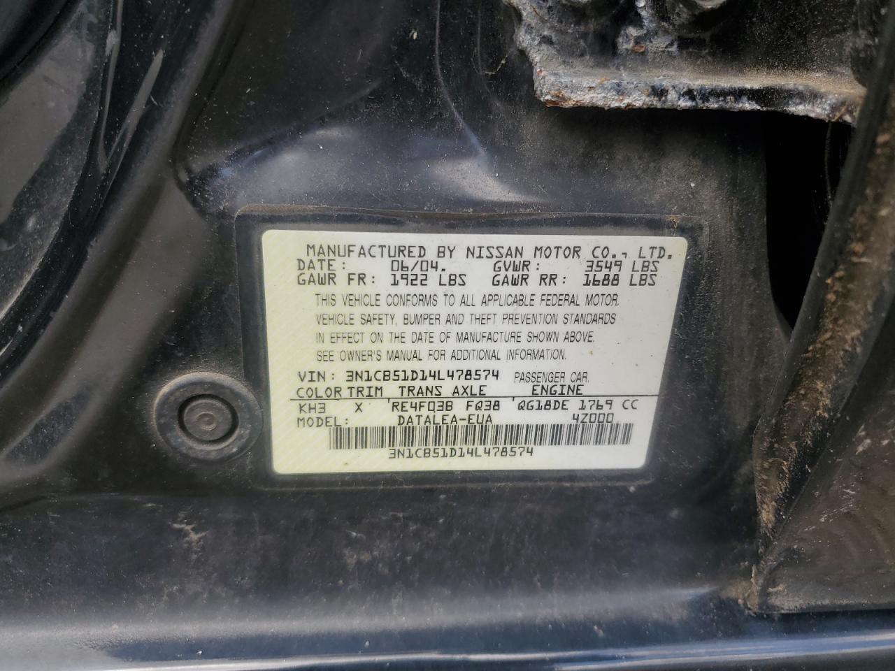 2004 Nissan Sentra 1.8 VIN: 3N1CB51D14L478574 Lot: 64811245
