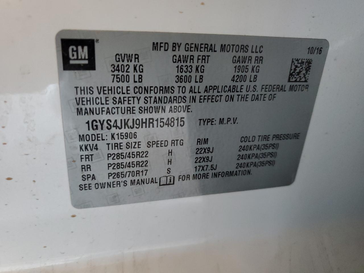 2017 Cadillac Escalade Esv Premium Luxury VIN: 1GYS4JKJ9HR154815 Lot: 66008995