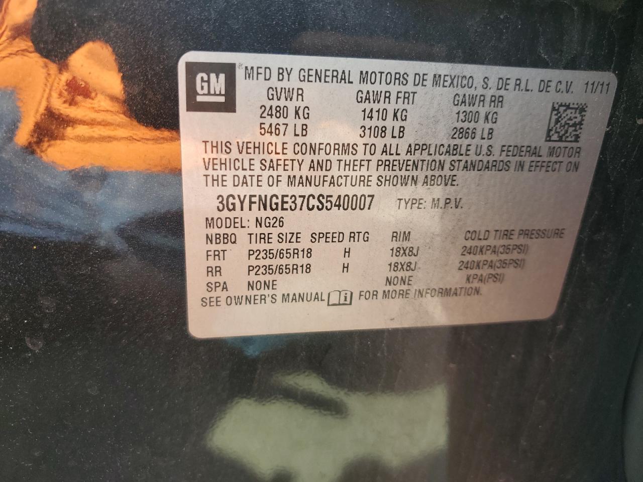 2012 Cadillac Srx VIN: 3GYFNGE37CS540007 Lot: 65069555