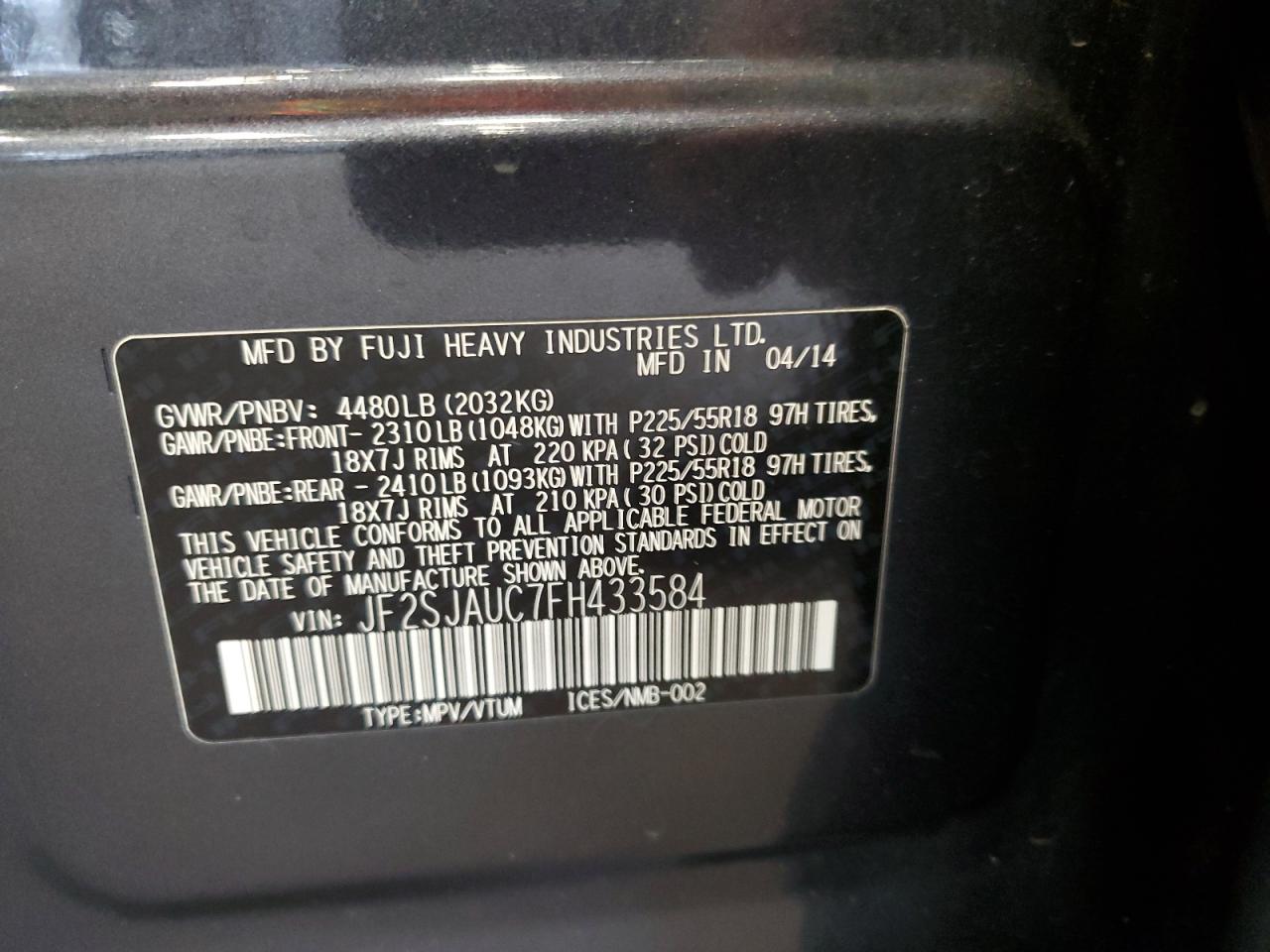 2015 Subaru Forester 2.5I Touring VIN: JF2SJAUC7FH433584 Lot: 65564545