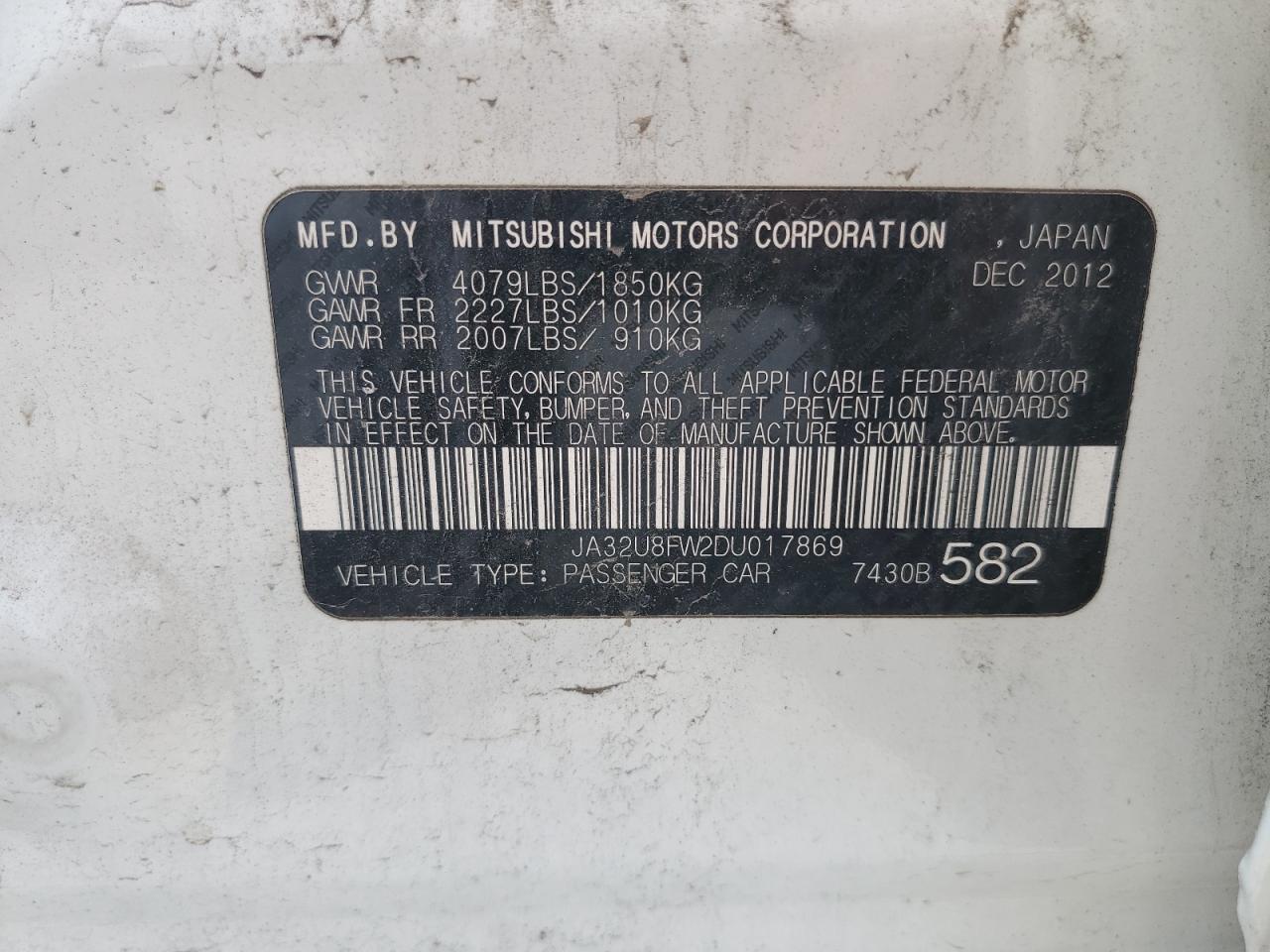 2013 Mitsubishi Lancer Gt VIN: JA32U8FW2DU017869 Lot: 63825295