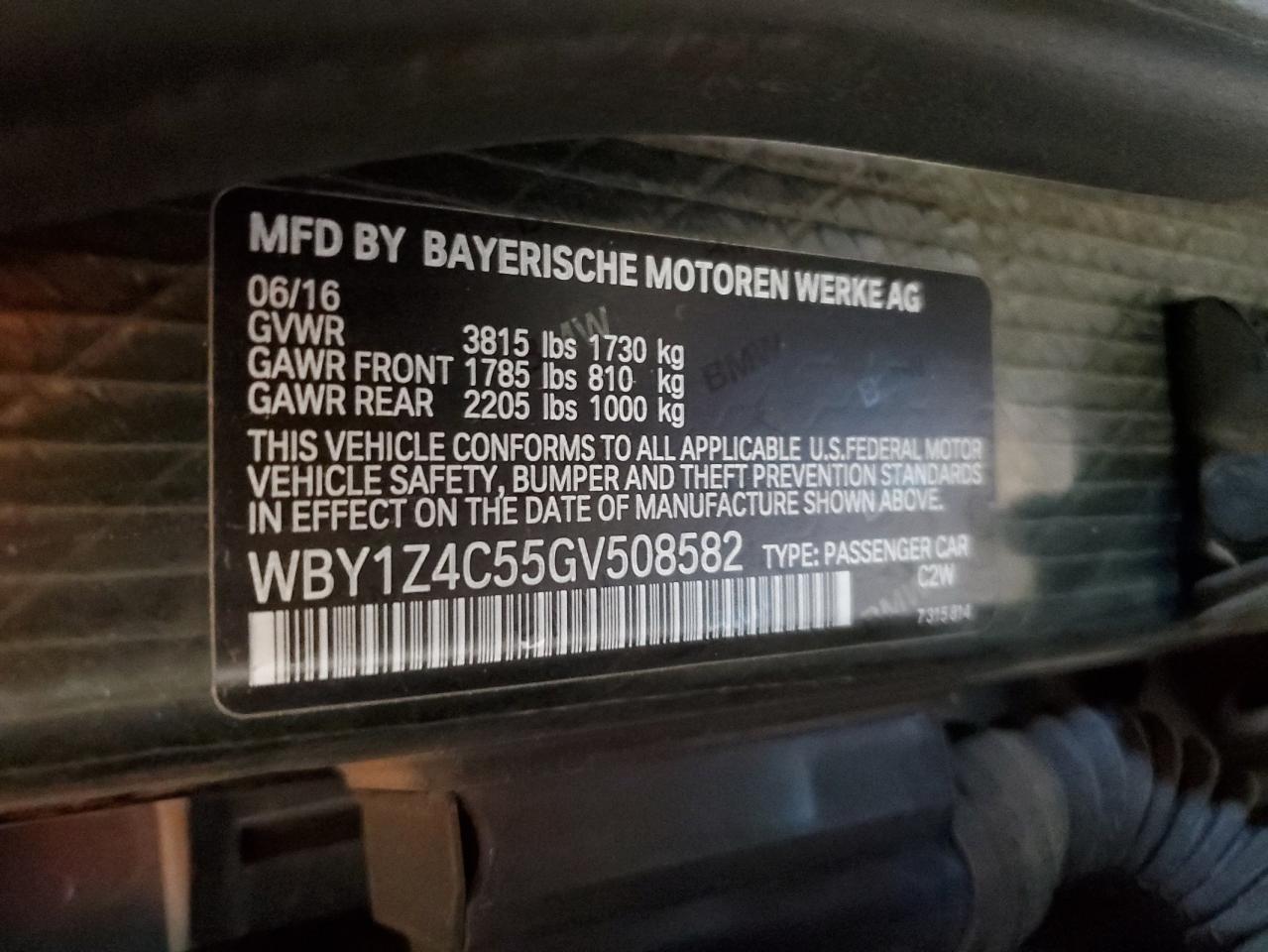 2016 BMW I3 Rex VIN: WBY1Z4C55GV508582 Lot: 65030985