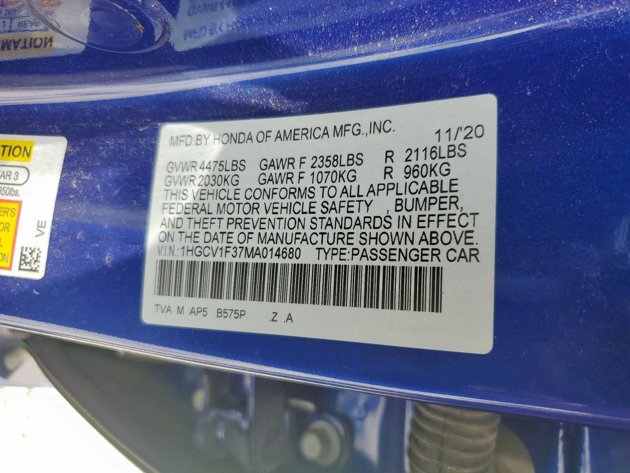 2021 Honda Accord Sport VIN: 1HGCV1F37MA014680 Lot: 65634435