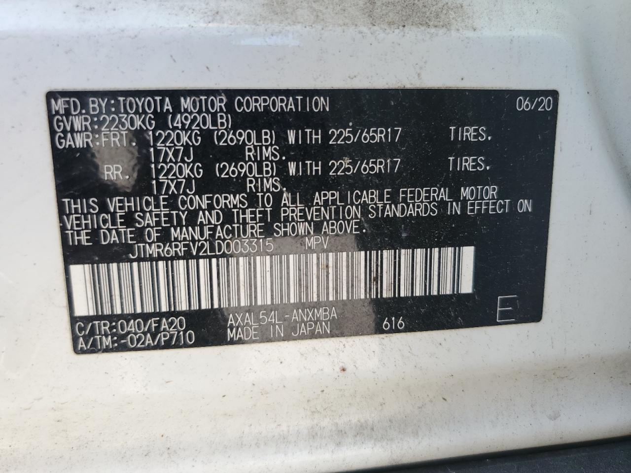 2020 Toyota Rav4 Xle VIN: JTMR6RFV2LD003315 Lot: 64002125