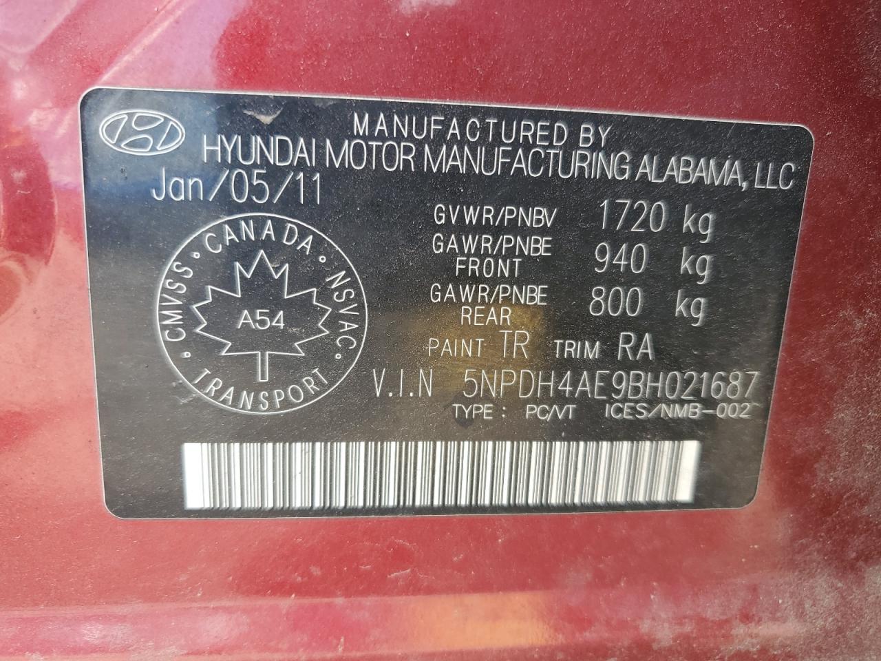 2011 Hyundai Elantra Gls VIN: 5NPDH4AE9BH021687 Lot: 65264485