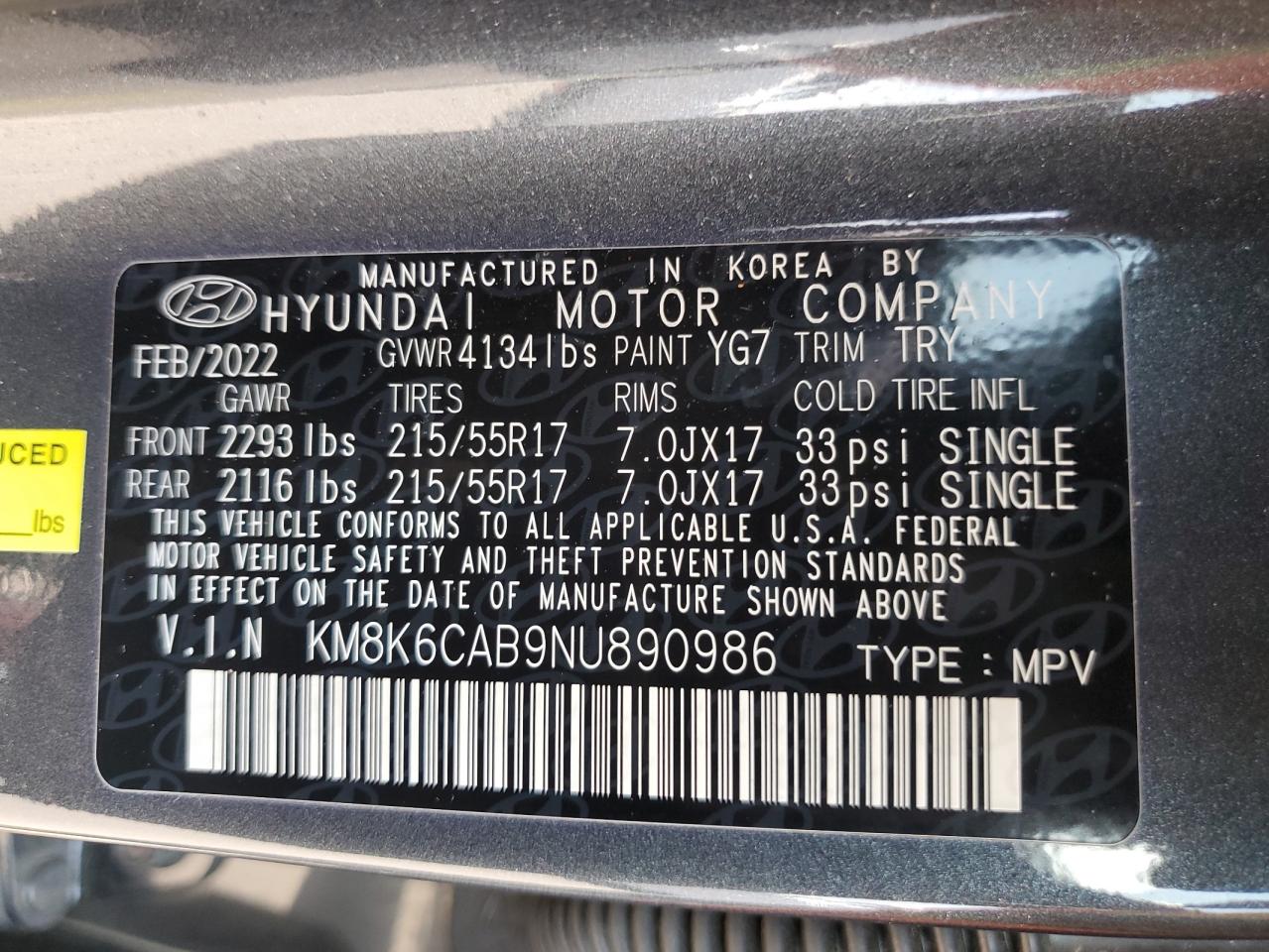 2022 Hyundai Kona Sel VIN: KM8K6CAB9NU890986 Lot: 63836555