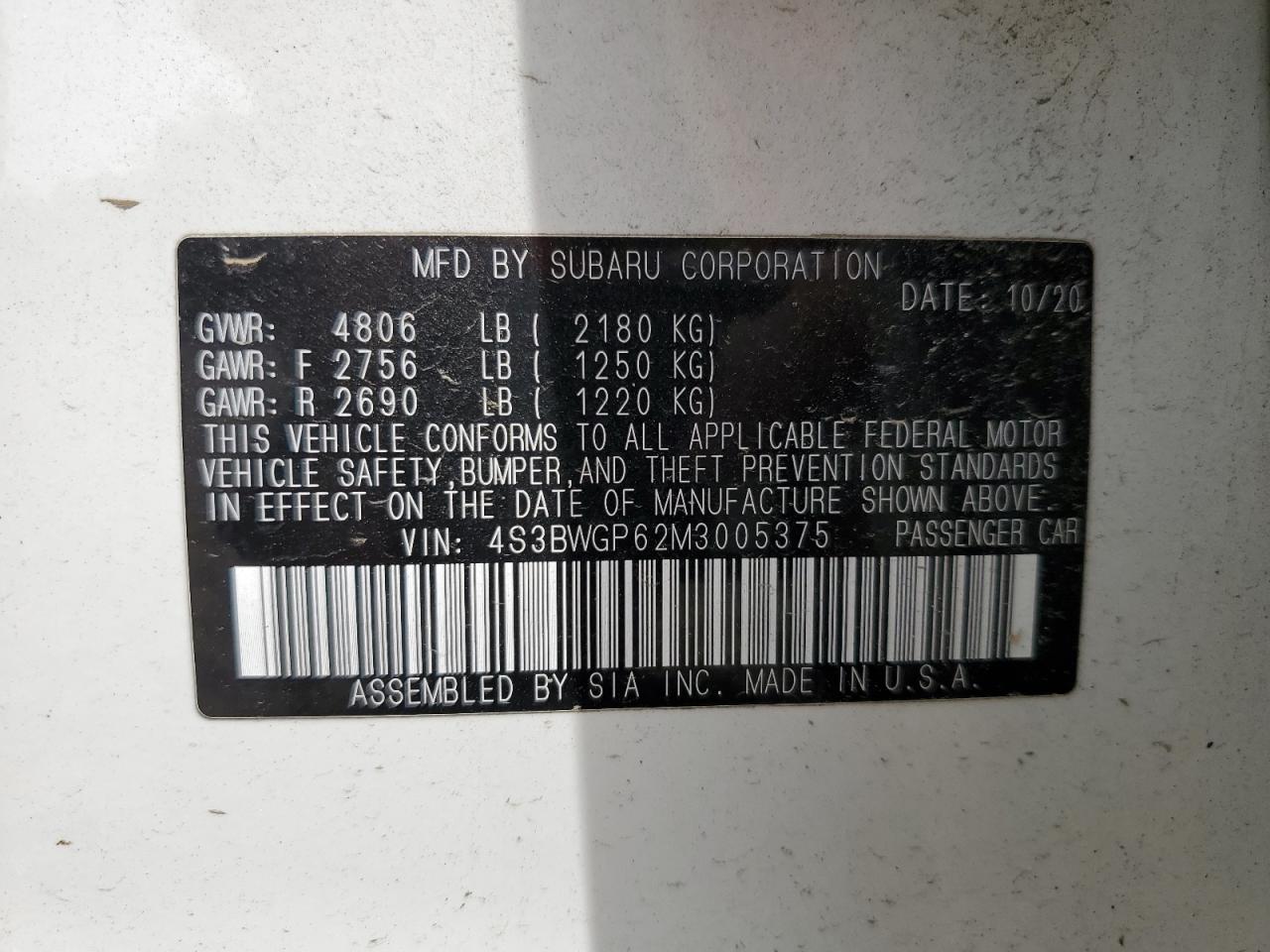 2021 Subaru Legacy Touring Xt VIN: 4S3BWGP62M3005375 Lot: 64037345