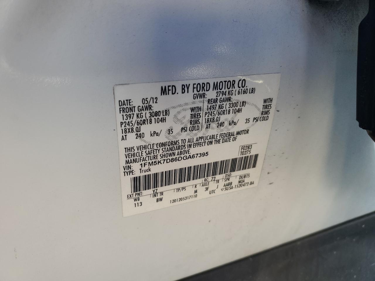 2013 Ford Explorer Xlt VIN: 1FM5K7D86DGA67395 Lot: 64809425