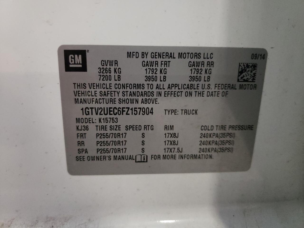 1gtv2uec6fz157904 1GTV2UEC6FZ157904 2015 GMC Sierra K1500 Sle