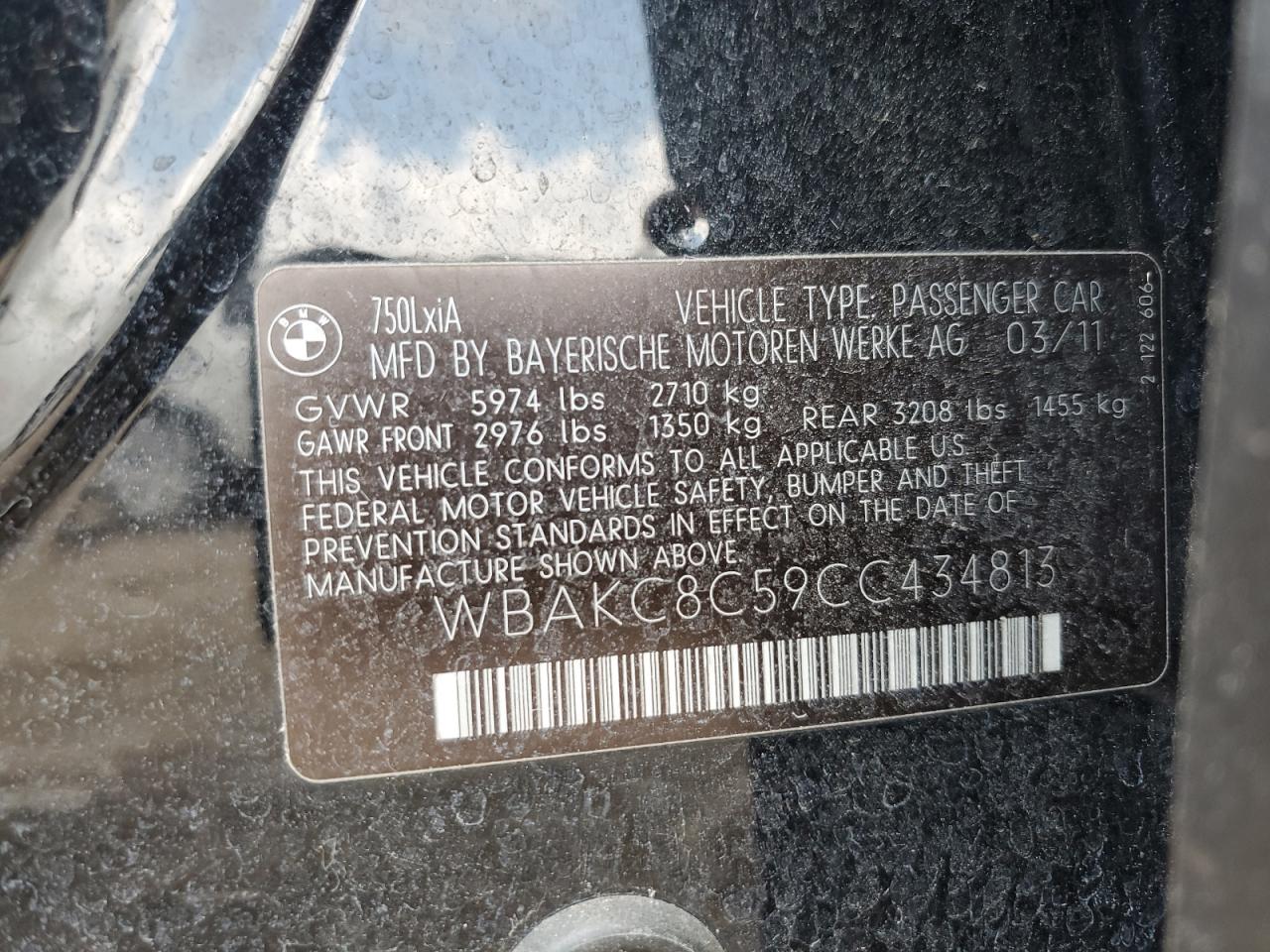 2012 BMW 750 Lxi VIN: WBAKC8C59CC434813 Lot: 65277705