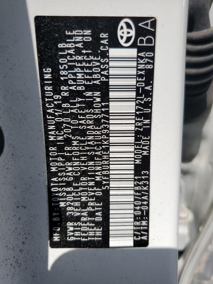 5yfburhe1kp937711 5YFBURHE1KP937711 2019 Toyota Corolla L