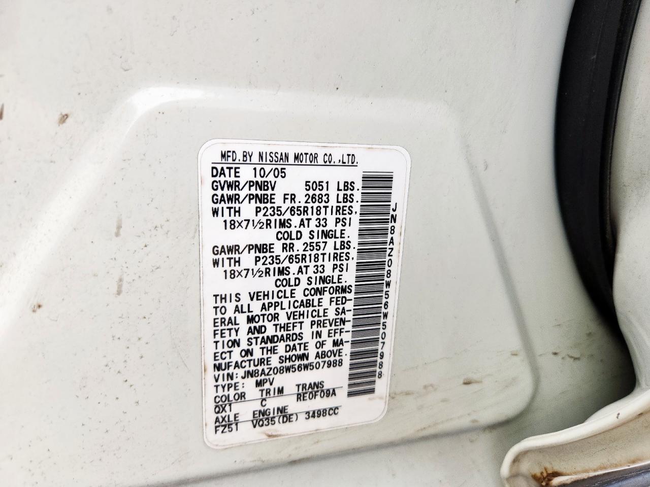 2006 Nissan Murano Sl VIN: JN8AZ08W56W507988 Lot: 63860605