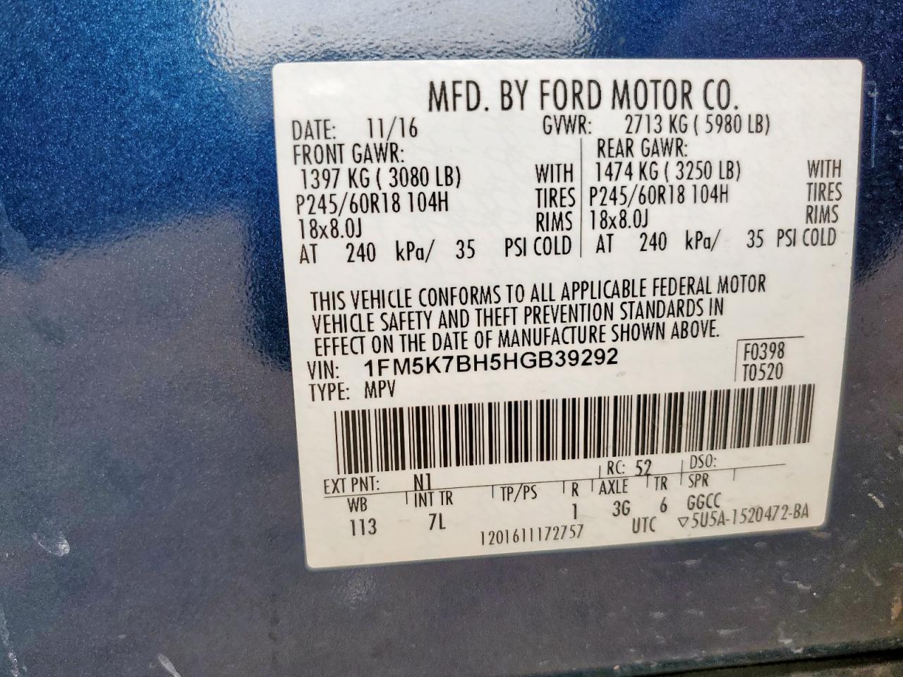 2017 Ford Explorer VIN: 1FM5K7BH5HGB39292 Lot: 65059415