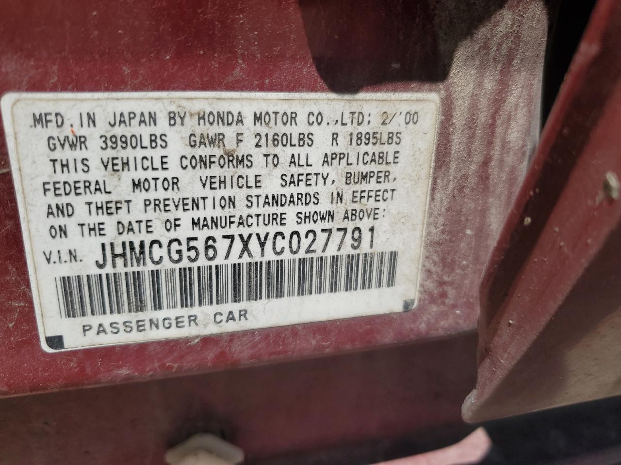 2000 Honda Accord Se VIN: JHMCG567XYC027791 Lot: 63317925
