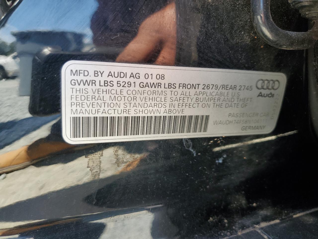 2008 Audi A6 3.2 Quattro VIN: WAUDH74F58N104111 Lot: 63188335