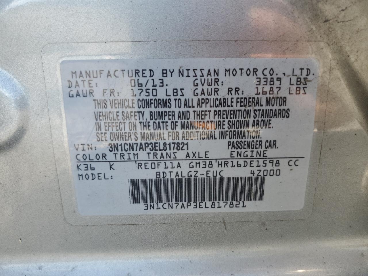2014 Nissan Versa S VIN: 3N1CN7AP3EL817821 Lot: 64886645