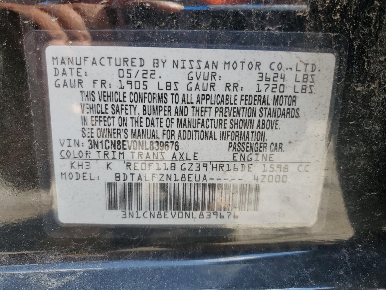 2022 Nissan Versa Sv VIN: 3N1CN8EV0NL839676 Lot: 62846565