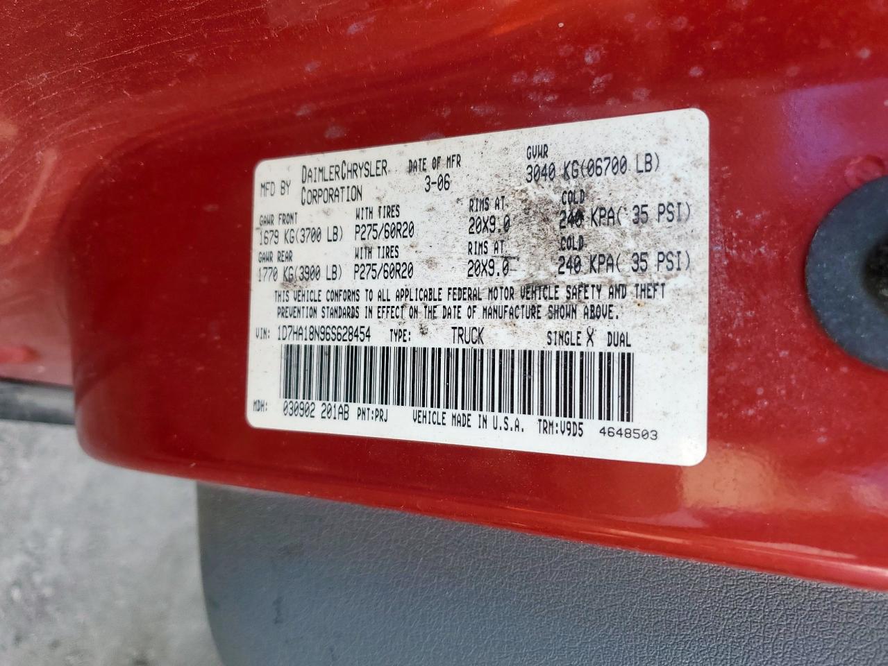 2006 Dodge Ram 1500 St VIN: 1D7HA18N96S628454 Lot: 65139445