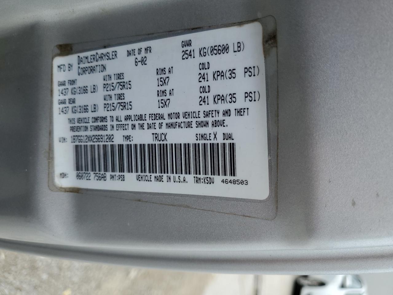 2002 Dodge Dakota Base VIN: 1B7GG12XX2S691202 Lot: 62517355