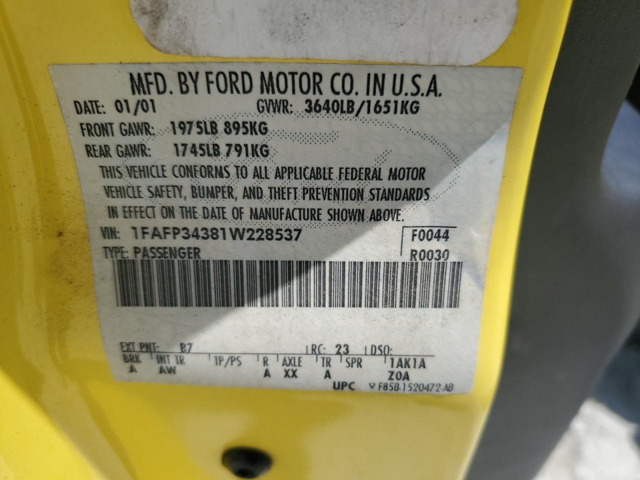2001 Ford Focus Se VIN: 1FAFP34381W228537 Lot: 65008745